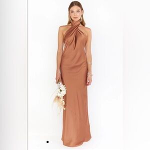 Show Me Your Mumu Jasmine Halter Maxi Dress in Copper Luxe Satin Size XS